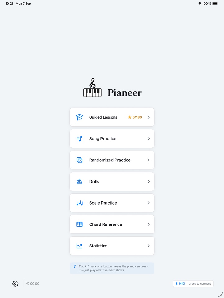 Pianeer's home screen on iPad