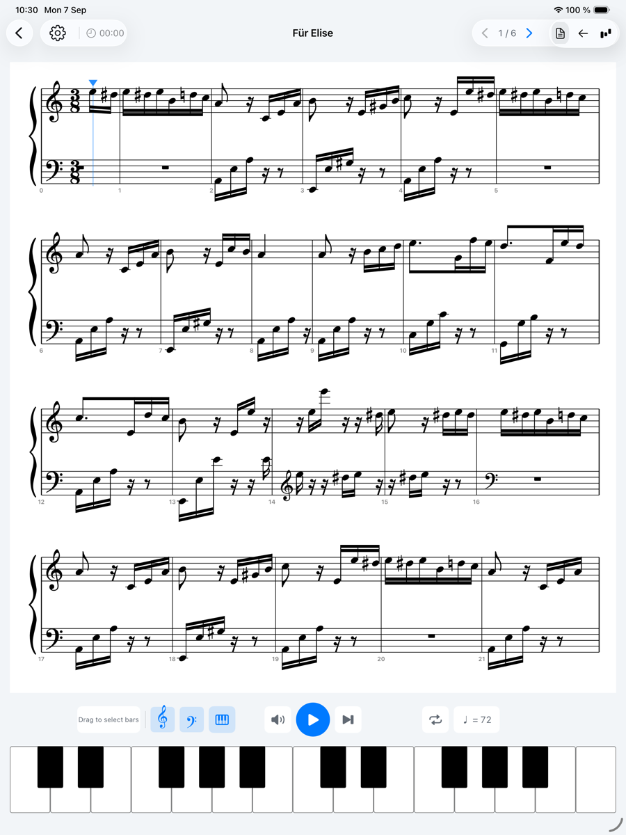Pianeer on iPad showing Für Elise engraved on a grand staff, with transport controls and a piano keyboard along the bottom