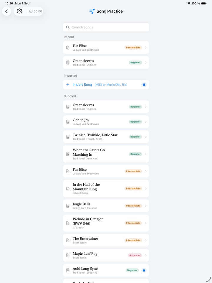 Song Practice library on iPad, with recent, imported and bundled pieces