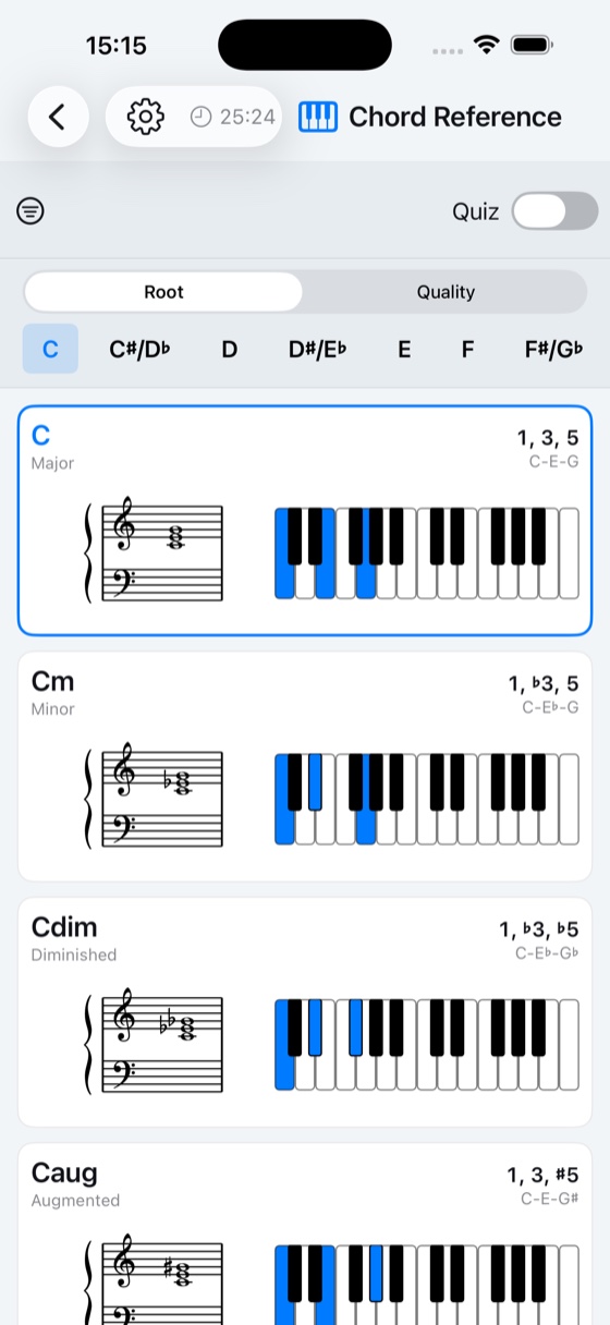Chord Reference showing chords as notation and highlighted piano keys, with a quiz toggle