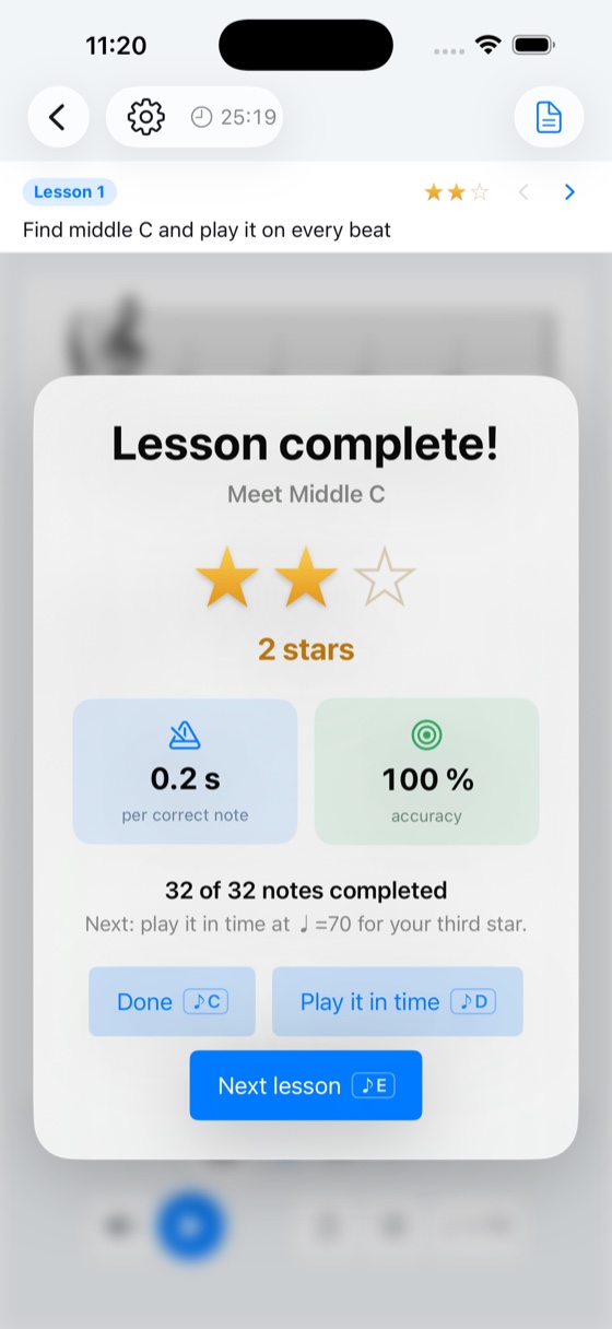 Lesson complete screen showing two of three stars, reaction time and accuracy