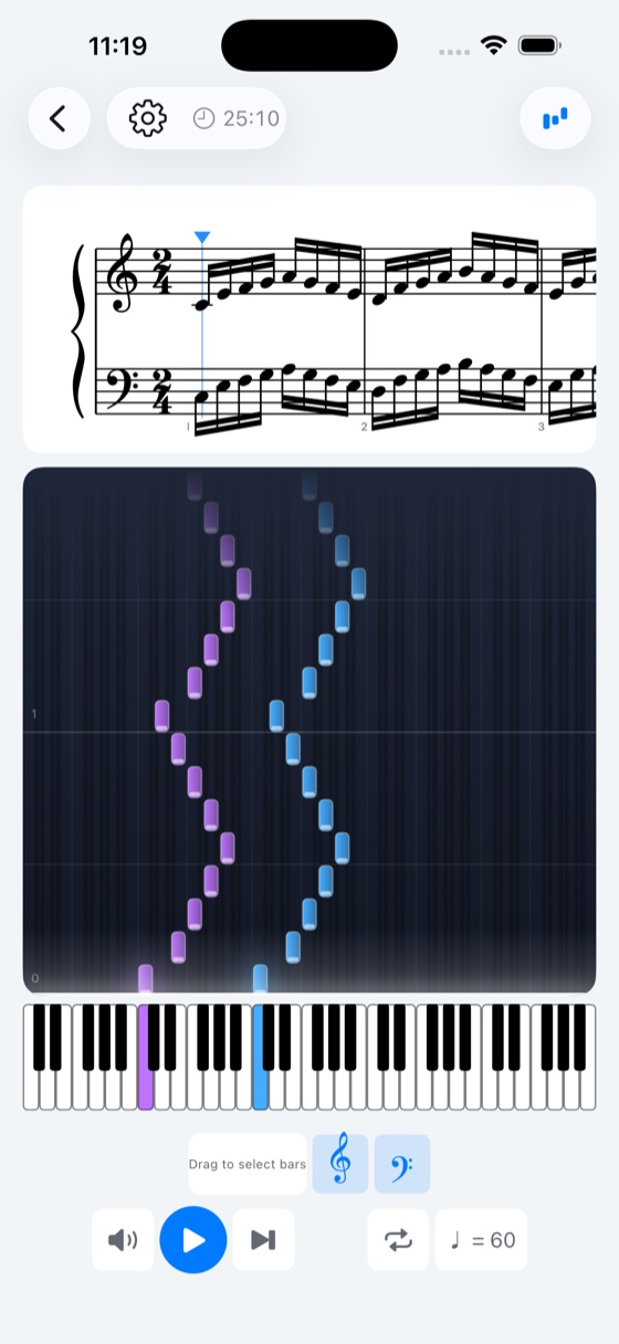 Falling-notes view with coloured bars descending onto the on-screen keyboard