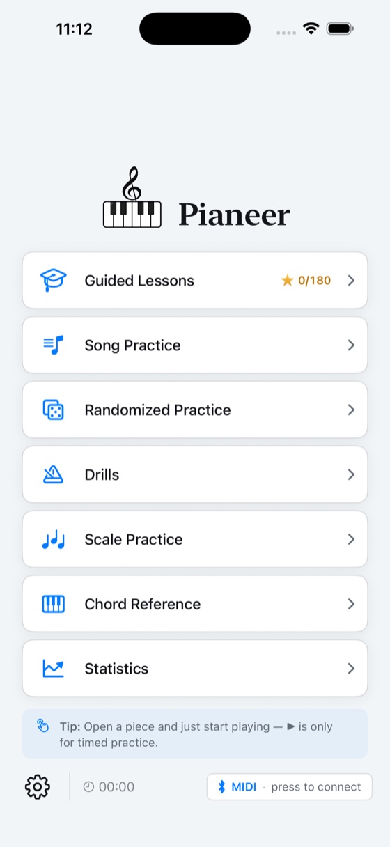 Home screen listing Guided Lessons, Song Practice, Randomized Practice, Drills, Scale Practice, Chord Reference and Statistics