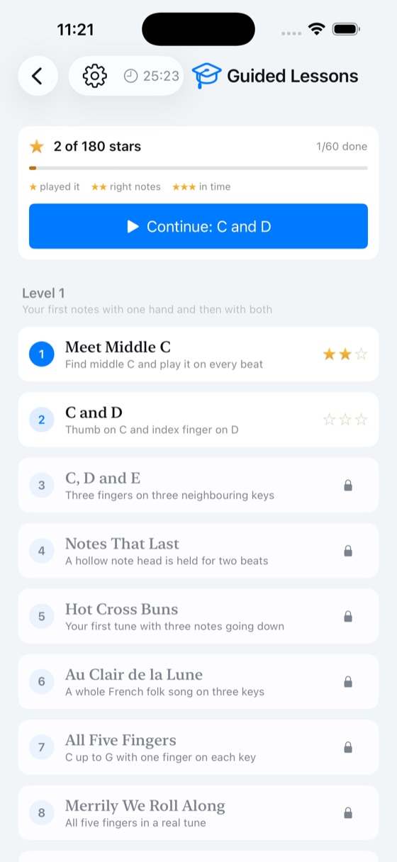 Guided Lessons list showing progress out of 180 stars and lessons unlocking in sequence