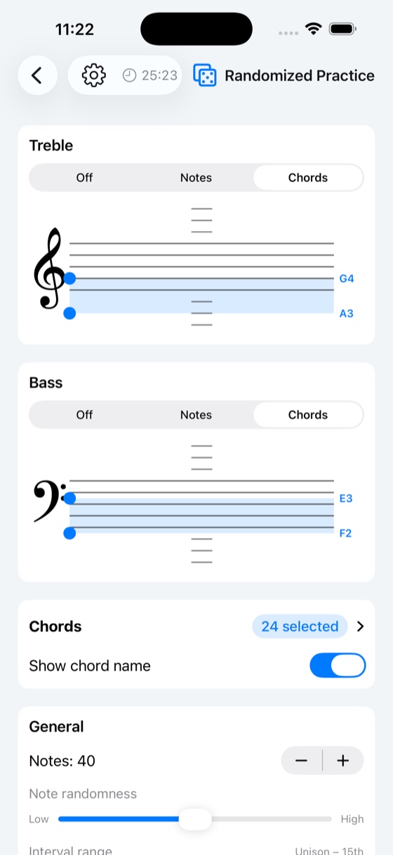 Randomized Practice settings for treble and bass clef ranges, chords and note count