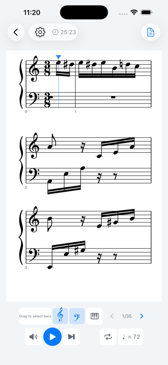 A piece open on the grand staff with the playhead on the first bar and transport controls below