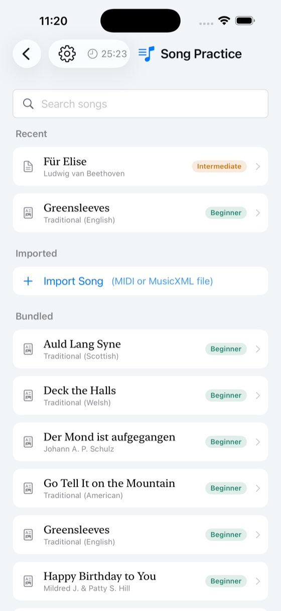 Song Practice library with recent, imported and bundled pieces graded by difficulty